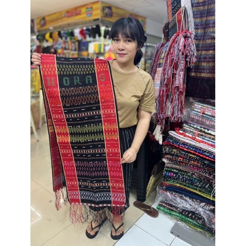 Ulos sadum hande tenun tangan asli hitam sisi merah selendang melayat