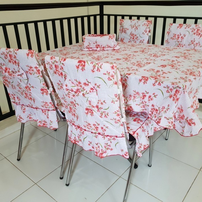 set sarung kursi makan channel - taplak meja kursi set minimalis - Merah Muda