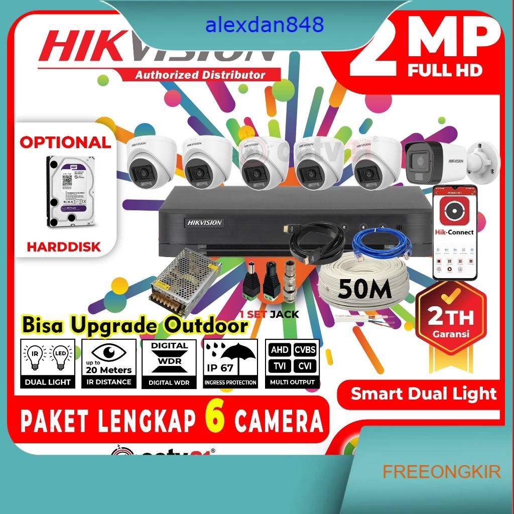 Paket Lengkap CCTV HIKVISION 6 Channel Kamera 6CH HD 2MP +Kabel +HDD