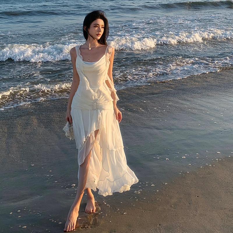 Mode Vogue Gaun slip satin untuk wanita, sangat bak peri, rok maxi berbelahan.