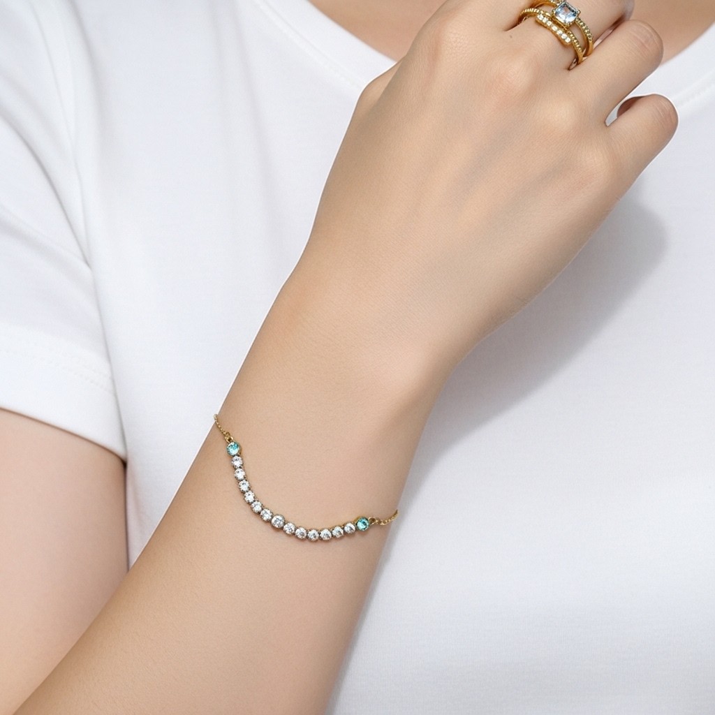 Gelang Mata Deret Biru Putih dengan Cincin 2 Ring Pita Mata Putih Adjustable Elegan Trendy Bahan Tit