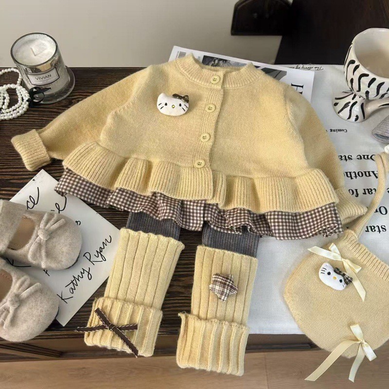 Set Cardigan Dan Legging Motif Kotak-Kotak Patchwork Gaya Korea Terbaru Untuk Anak Perempuan