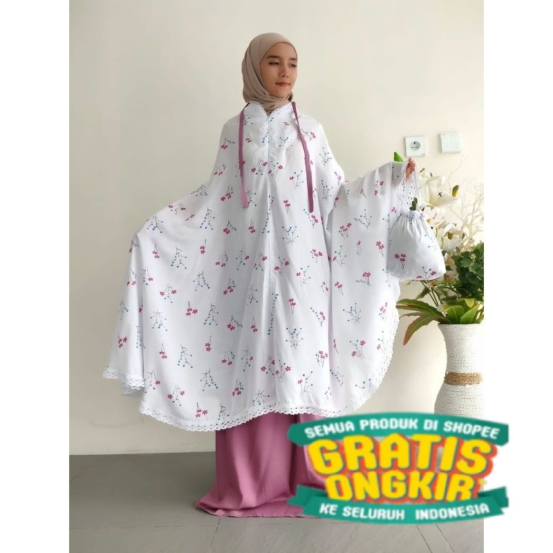 Mukena Rayon Putih Bermotip Model Resleting ( 2 in 1 ) Free Tas Cantik/ moment