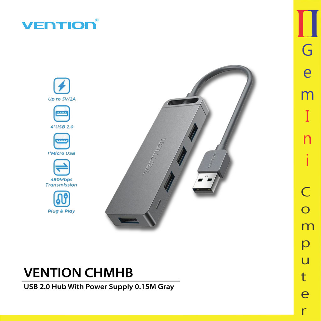 Usb Hub 4 Port VENTION CHMHB USB 2.0 Hub With Power Supply 0.15M Gray