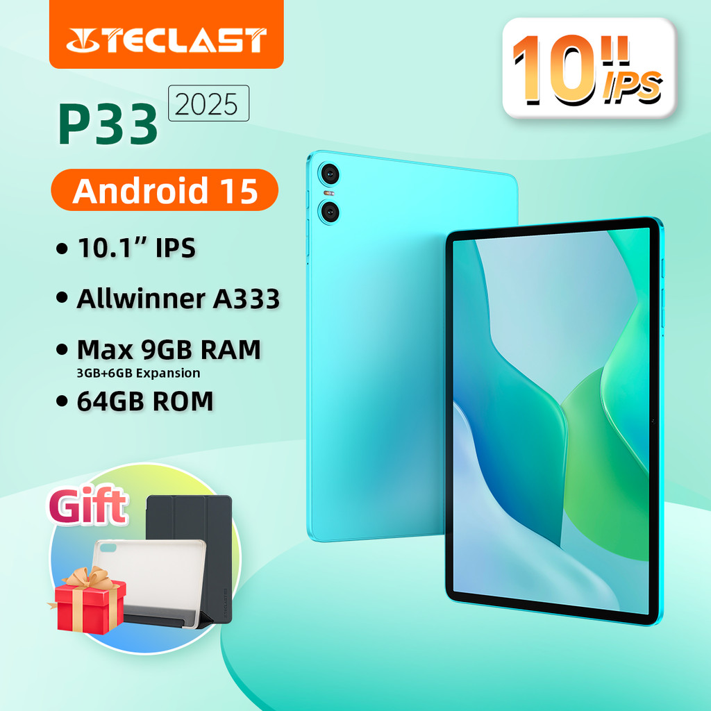Teclast P33 Tablet Android 15 10.1" IPS A333 5-core Max 9GB RAM(3GB+6GB Expansion) 64GB ROM Wi-Fi 6 