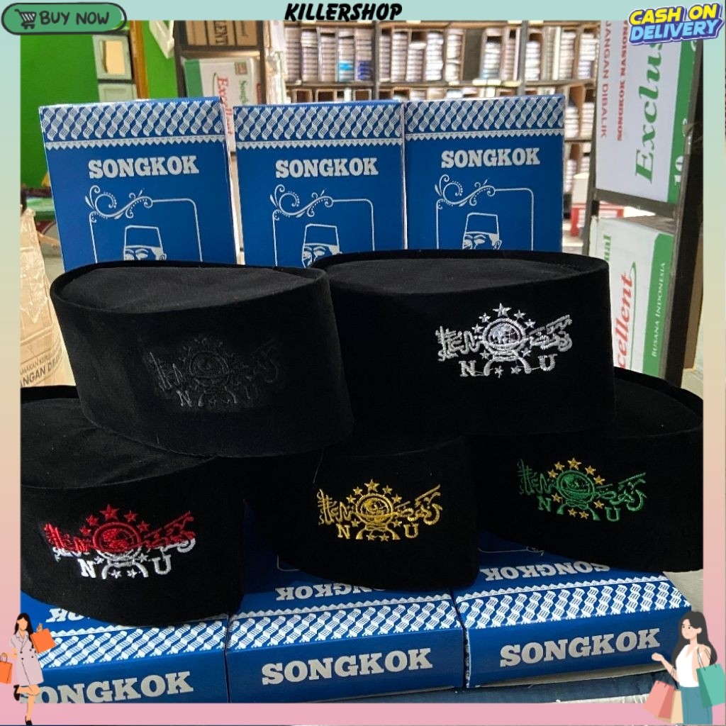 Peci NU Tinggi 9 cm Kupluk Hitam Kopyah Logo Bordir Hijau Kuning Emas Merah Putih