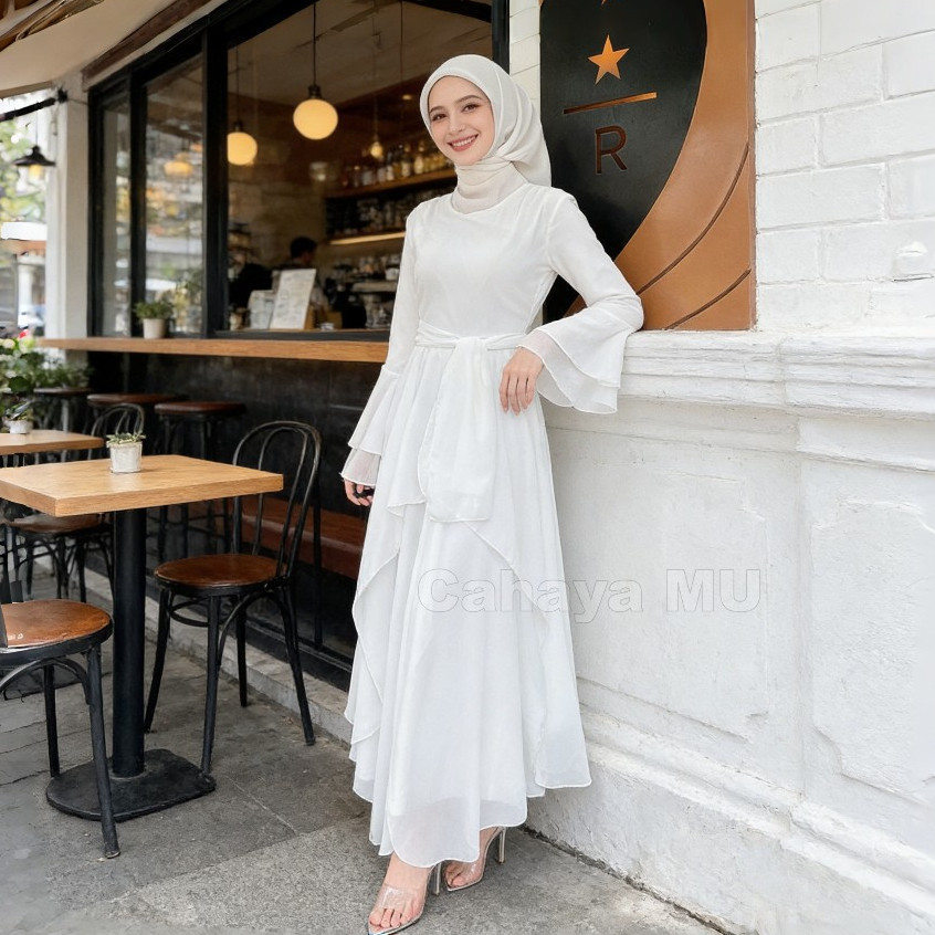 Ready Gamis Putih Lebaran Terbaru/ Dress Muslim Wanita Simple Polos Elegan