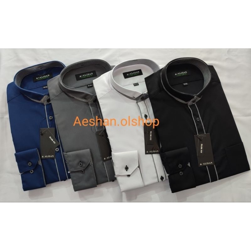 PREMIUM - Alisan Kemeja Slimfit Kombinasi Panjang Kerah Koko- pakaian pria lainnya