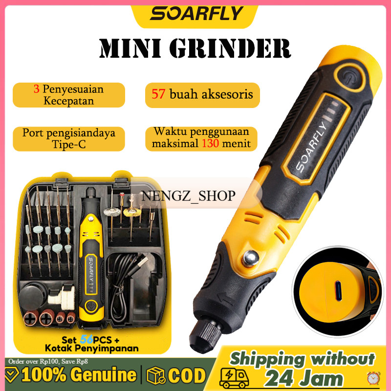 SOARFLY Mini Gerinda/Mini Bor Set 57Pcs 3 gigipenyesuaian 16000r/RPM mesin ukiran poles gergaji list