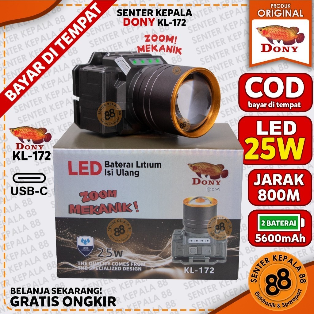 DONY SENTER KEPALA ZOOM DONY LED KL-172 25W  RECHARGEABLE SUPER TERANG JARAK JAUH