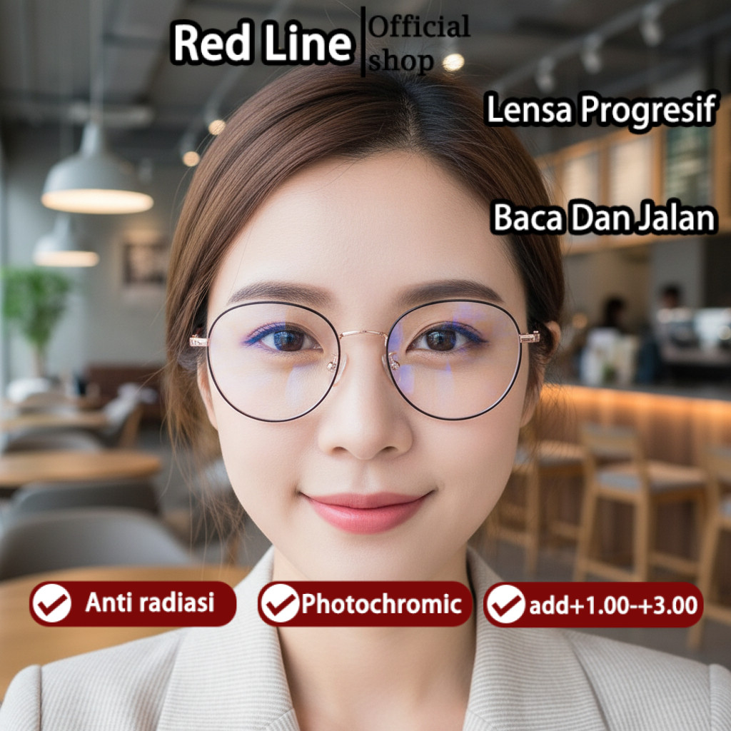 Red Line Kacamata Progresif Baca Jalan Plus Wanita Pria Fashion Bulat Frame Photocromic Anti Blueray