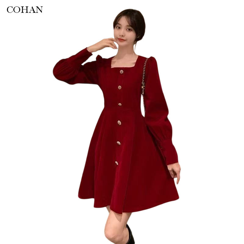 COHAN DR9166 Mini Dress Flare Kerah Persegi Korean Style