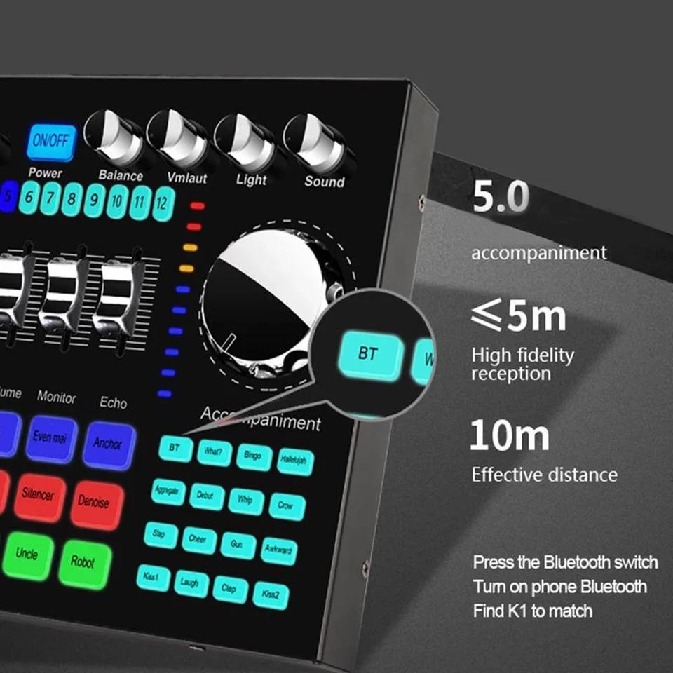 * K1 Live Sound Card Voice Changer Karaoke  Auo Mixer for Broadcast Recorng KTV Music Auo Multifunct