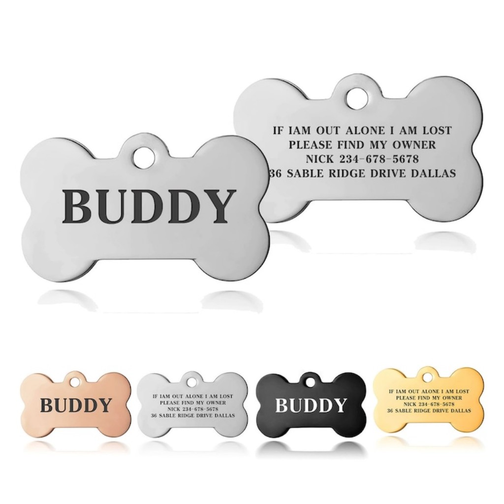 Premium Engraved Personalised Dog ID Tag Dog Name Tag Cat Puppy Name ID Bone Tag Collar Black Silver