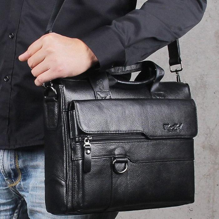PROMO  tas pria selempang kulit asli import tas kerja jinjing kulit asli pria Cowok - hitam