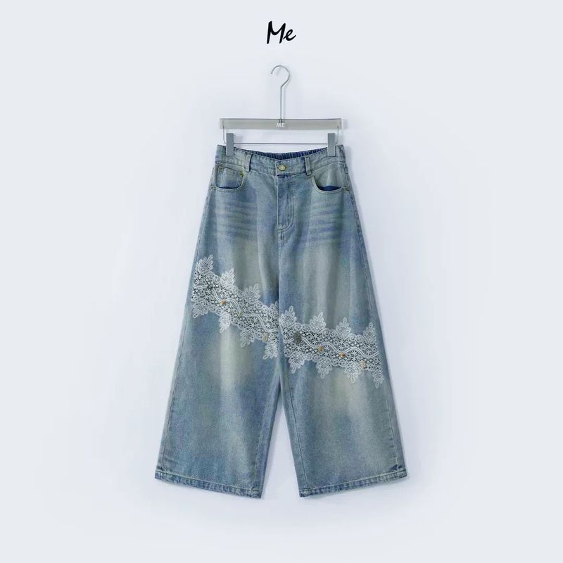 Kulot Jeans 8/9 Tipis High Waist - Desain Bolong dan Renda Elegan untuk Wanita 
