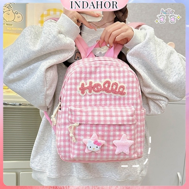 INDAHOR Tas Ransel Wanita Lucu Jepang Ransel Kotak-kotak Retro Perempuan Korea Style Fashion Aesthet