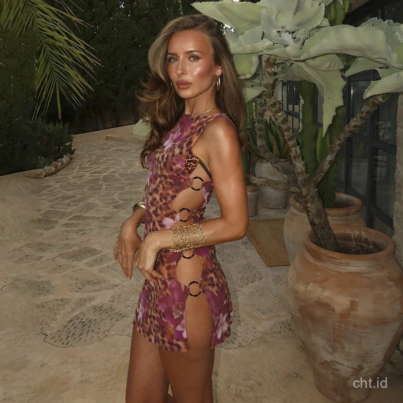 Leopard Print Hollow Out O Ring Mini Dress Sexy Sleeveless Clubwear Bodycon Night Out Party Beach Dr