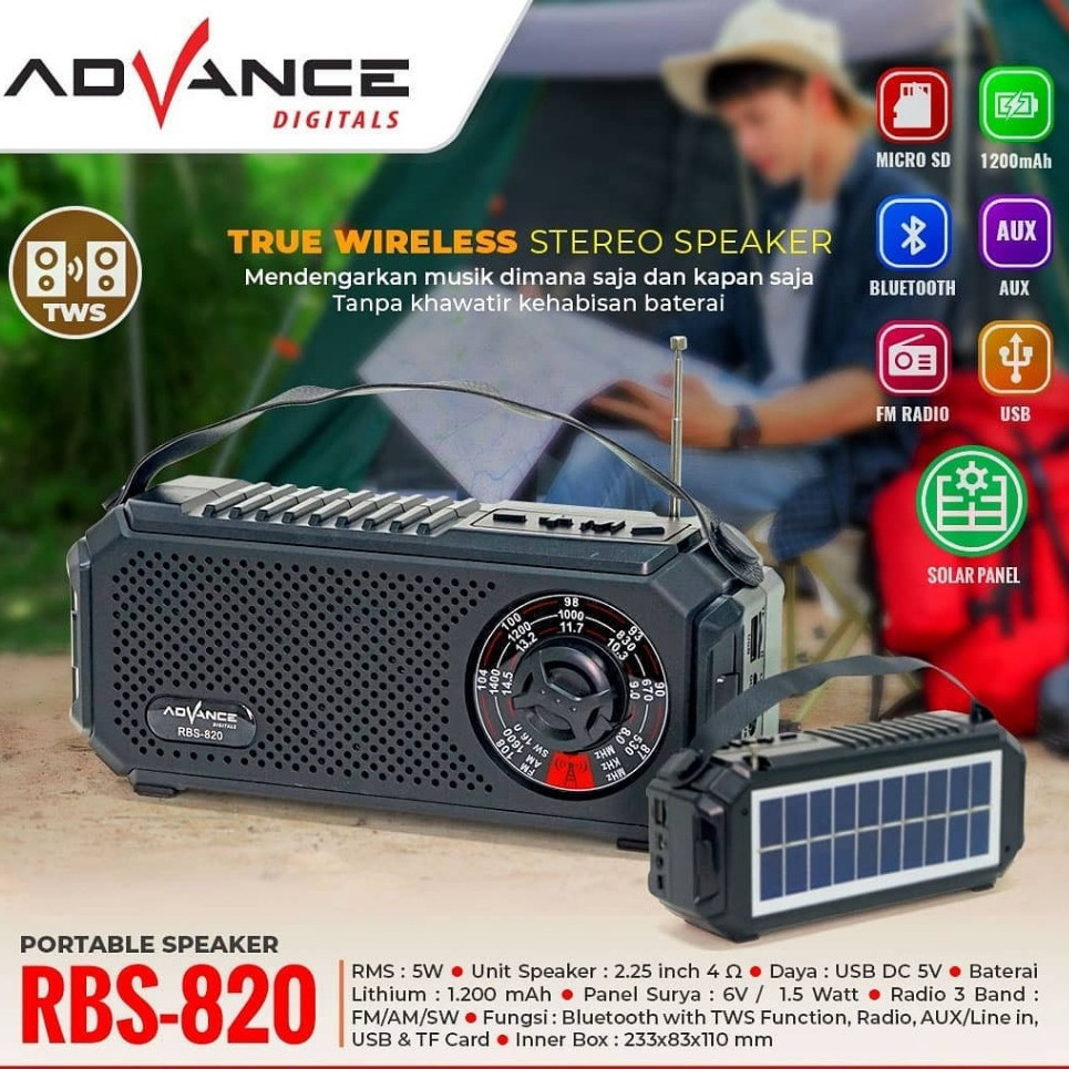 Speaker Bluetooth Advance RBS820 - Hitam, Abu-abu, 5W, Radio FM/AM/SW, TWS, AUX, USB & TF Card