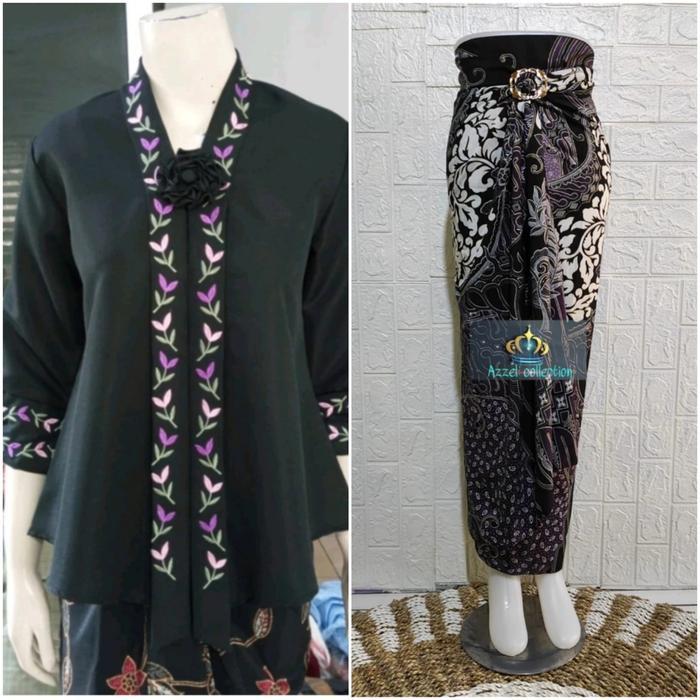 JUMBO SETELAN ATASAN KEBAYA FLOY HITAM BORDIR BUNGA BALOTELLY+BROS+ROK LD 92-LD 120 - SET BUNGA PURP