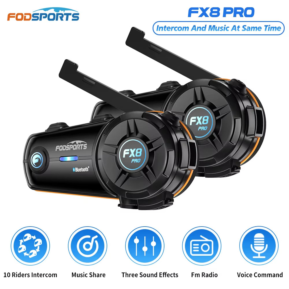 2pcs Fodsports FX8 Pro Motorcycle Helmet Intercom Bluetooth Headset Interphone,10 Riders 2000M,FM Ra