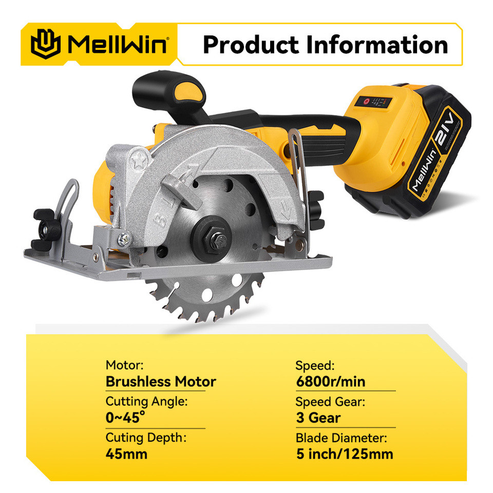 MELLWIN 5 Inch Electric Brushless Circular Saw 125MM Cordless Multi-Angle Saw Woodworking Power Tool