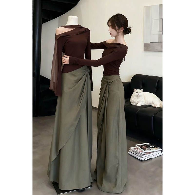 JelitaCeria Versi Korea baru dari atasan penyambungan jala bahu satu kata, setelan musim gugur dan m