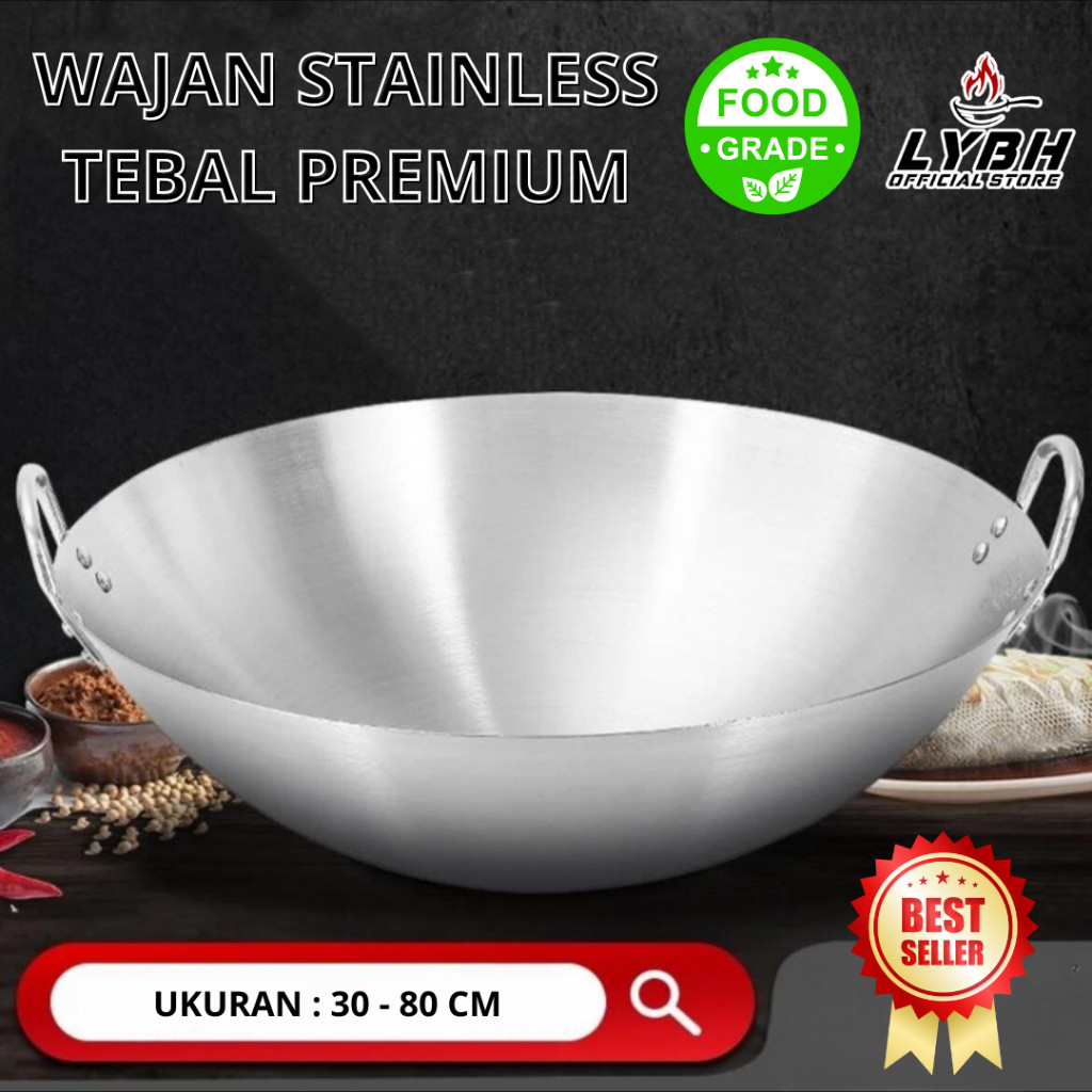 “COD”Wajan penggorengan stainless steel tebal dengan dua pegangan, dasar bulat, seluruhnya terbuat d