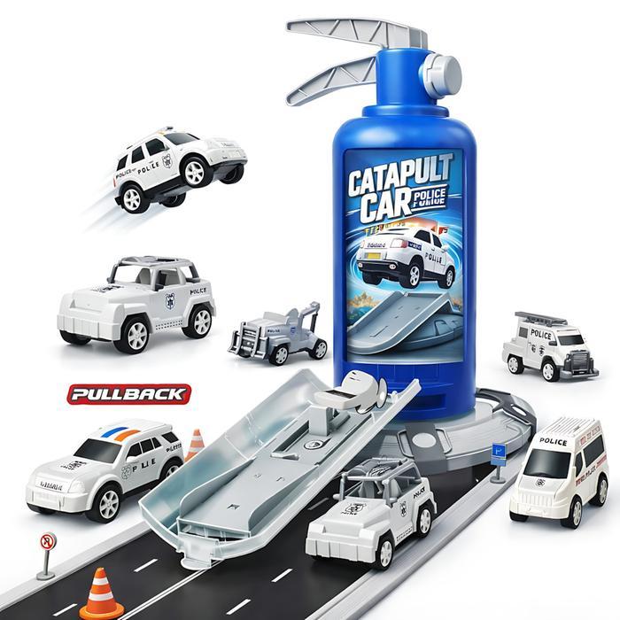Mainan Anak Pelontar Mobil Polisi 2in1 Bentuk APAR Set Track Catapult Pull Back Edukatif Hadiah Anak