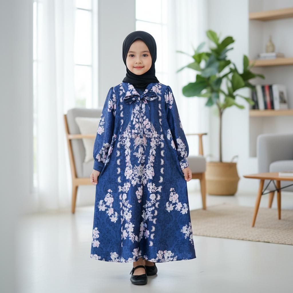 Haute57 Najwa - Safala Gamis Couple Ibu Dan Anak Silk Motif Flower Pita / Fashion Gamis Ibu Dan Anak