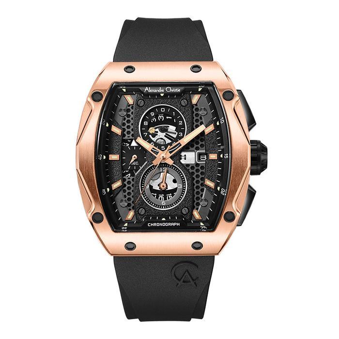 Jam Tangan Pria Alexandre Christie Chronograph AC 6608 MC RRGBA Men Black Dial Black Rubber Strap