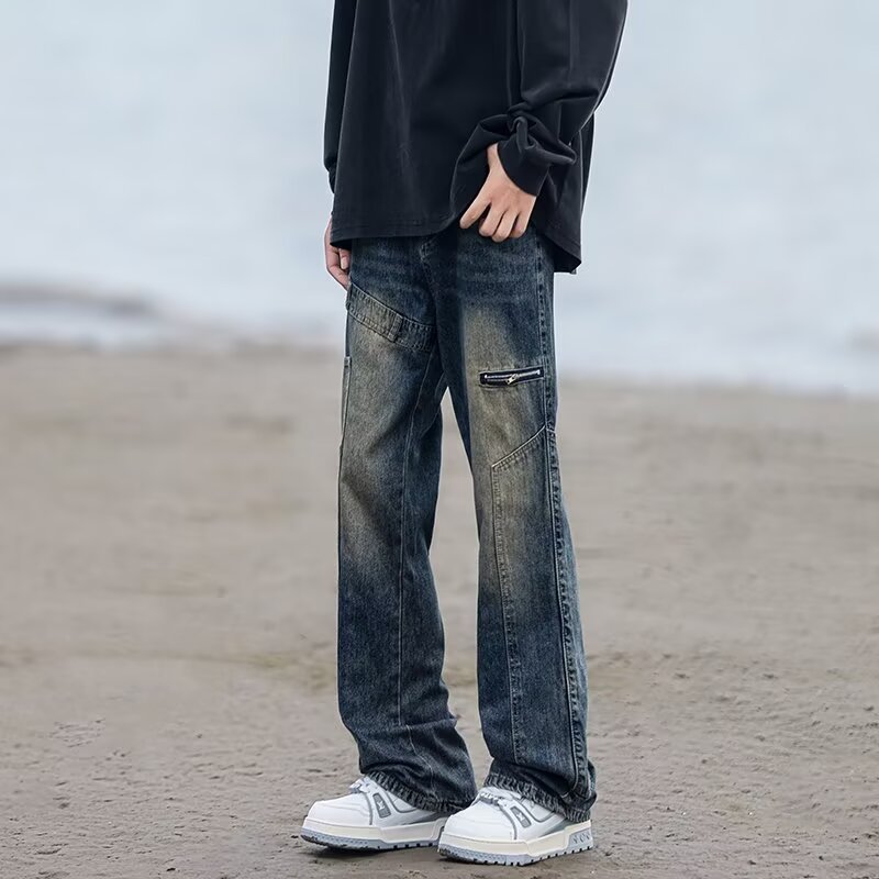 Jeans lurus biru, celana panjang modis longgar, celana panjang modis