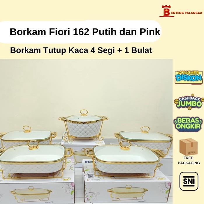 Borkam Fiori 162 Tutup Kaca 4 Segi + 1 Bulat Ukuran Normal Besar/ Prasmanan Makanan Pesta Keramik Ca