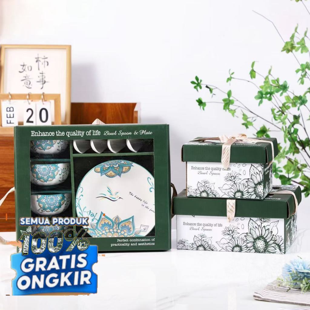 CLOTEE Hampers Mangkok Motif Souvenir Mangkok Set Kado Mangkok - Piring - Sendok Sup / Mangkok Keram