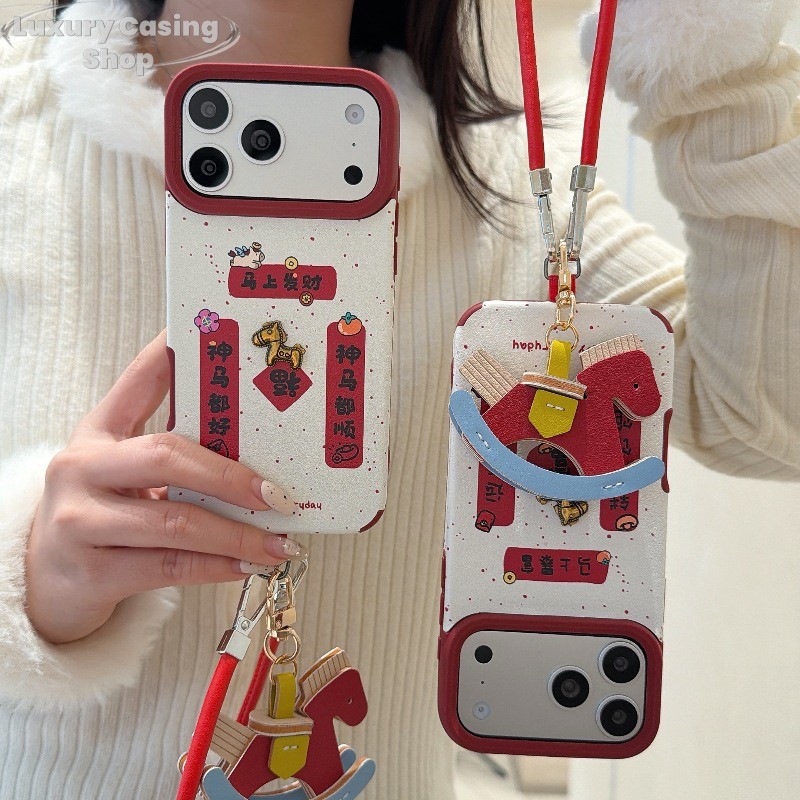 New Year Couplet 3D Metal Horse Phone Case for IPhone 17 16 15 14 13 12 Pro Max 16 15 14 Plus Leathe