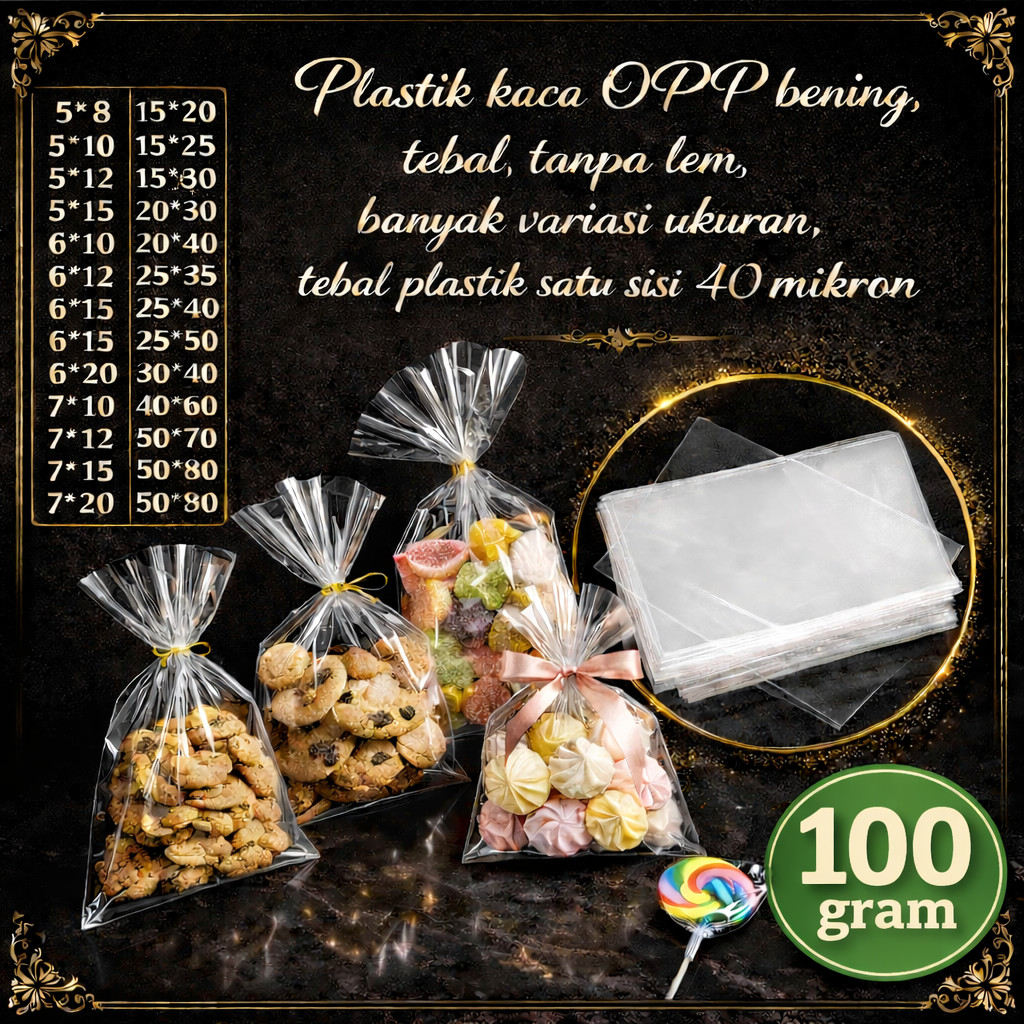 100gr Kantong Plastik OPP Bening 40 Mikron Tebal Tanpa Lem Plastik Kaca Bening OPP Souvenir Tebal 40