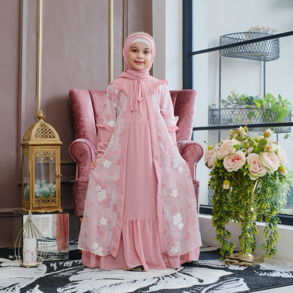 Thirka Kids - Gamis Anak Set Jilbab Bahan Organza Bordir / Abaya Anak Set Hijab