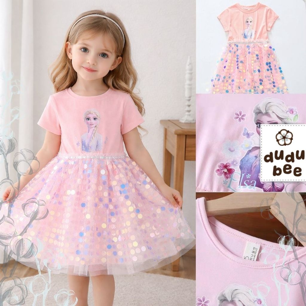 Dress Anak Bayi SEQUIN SOFT PINK Princess Elsa Frozen Disney - Baju KOREA Baby Bayi Anak Gaun Tile T