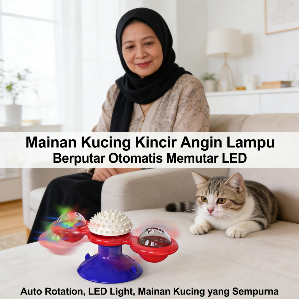 Putar Kucing Mainan Otomatis Berputar Kincir Lampu Angin LED