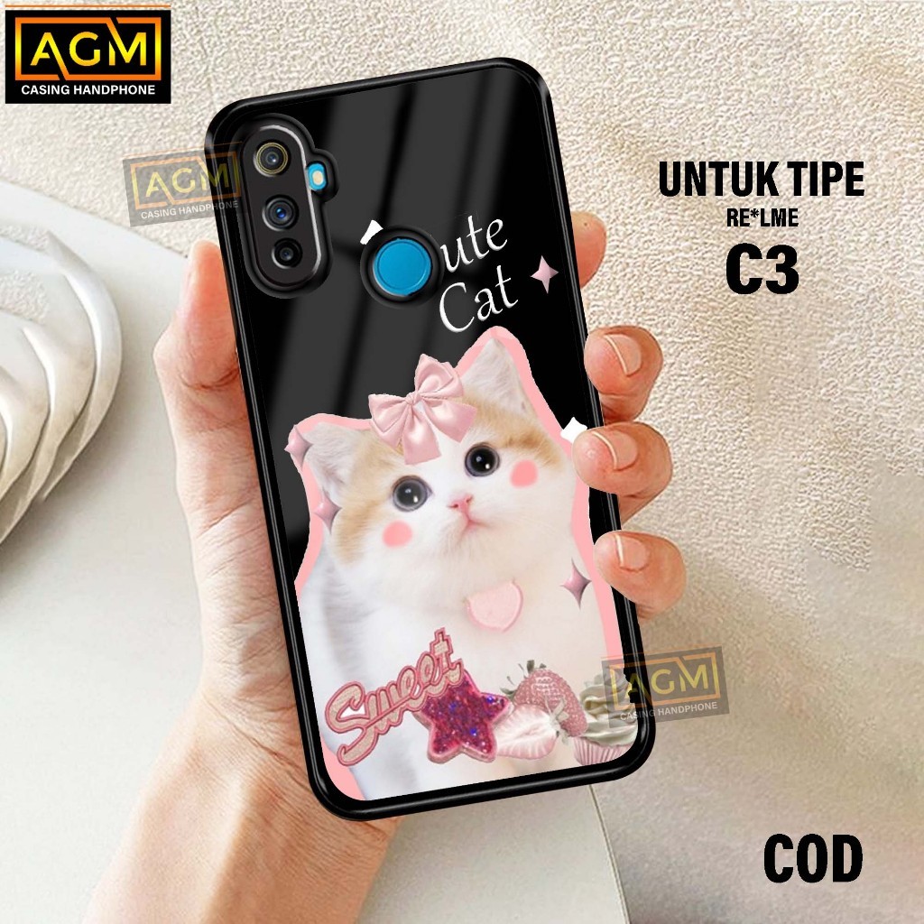 Case Realme C3 - New Case Glossy casing Hp Realme C3 [Motif CUTE CAT] - AGM Case softcase glass kesi