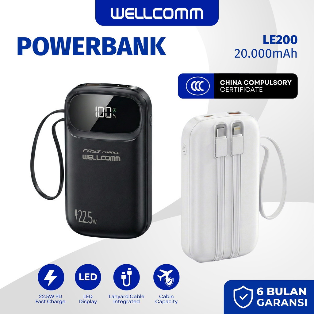 WELLCOMM [CCC] Powerbank Dual Cable 20.000 mAh PD Fast Charge 22.5W Cabin Capacity With LED Display 