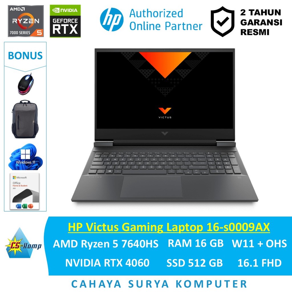 HP Victus Gaming Laptop 16-S0009AX - 805V2PA AMD Ryzen 5 7640HS RAM 16GB SSD 512GB RTX4060 W11 OHS 1
