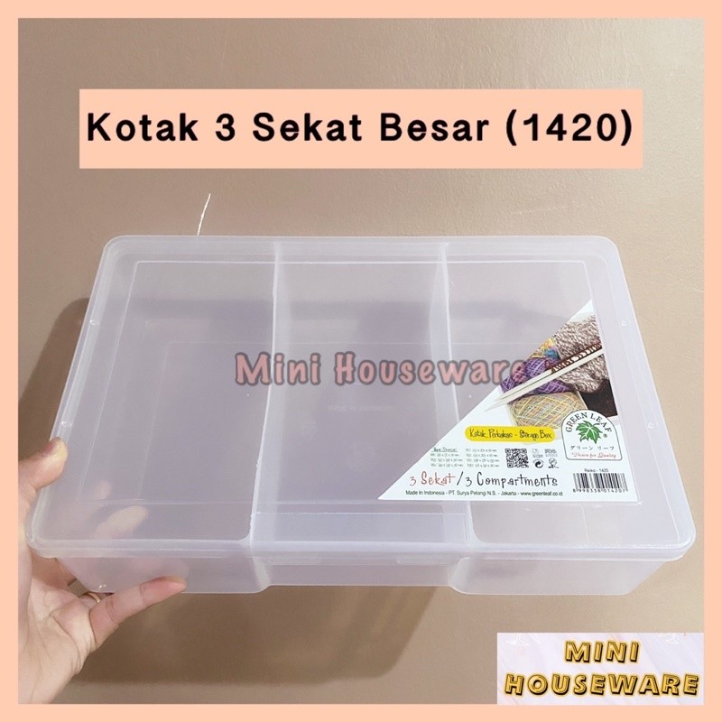 Kotak Plastik 3 Sekat Besar / Kotak Masker Medis / Green Leaf 1420
