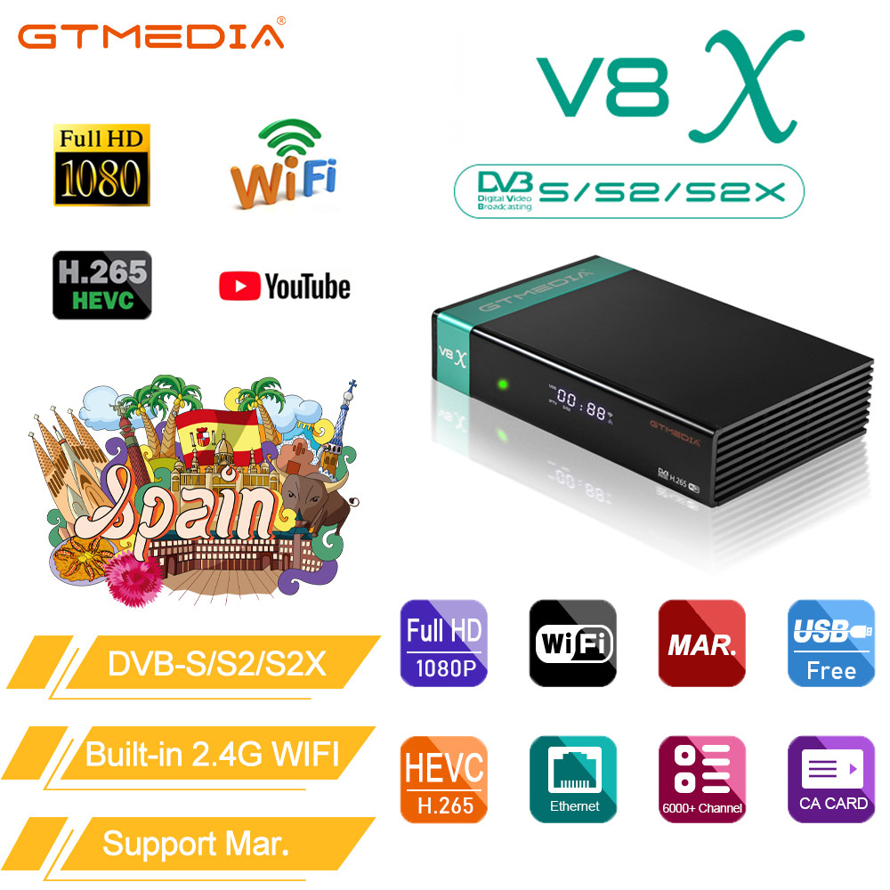 GTMEA V8X Mars Satellite Receiver DVB-S/S2/S2X 1080P HD Built-in 2.4G WIFI H.265 Support SAT to Gtpl
