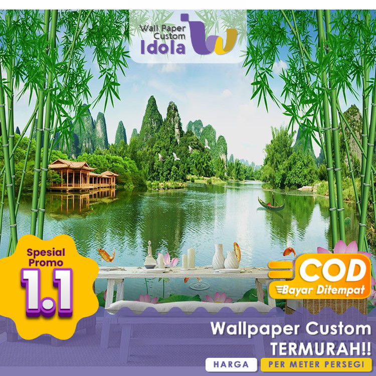 Wallpaper Custom Ruang Tamu | Motif Alam Danau Hutan Bambu | Premium Quality