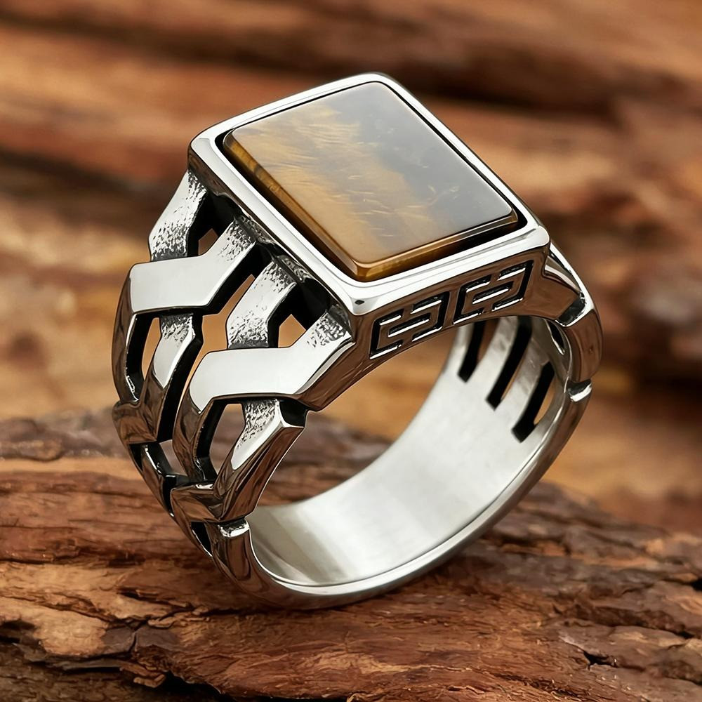 Cincin Pria Batu Mata Harimau Sintetis Cokelat Desain Punk Hitam Motif Totem Gaya Retro Hip Hop Akse