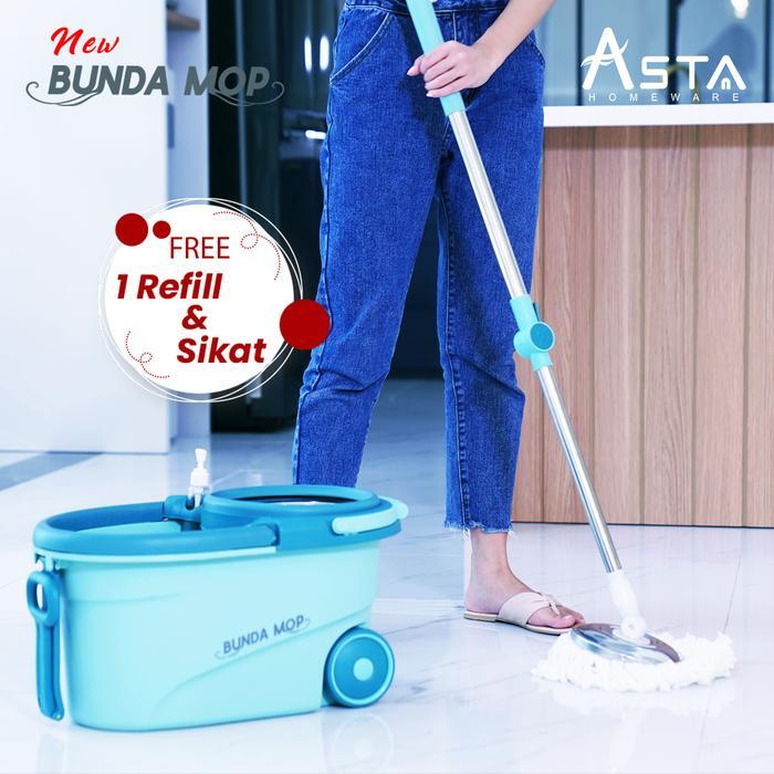 Alat Pel Lantai Praktis Putar Spin Mop Bunda Mop Roda Besar Ember Bucket Stainless - Turqoise