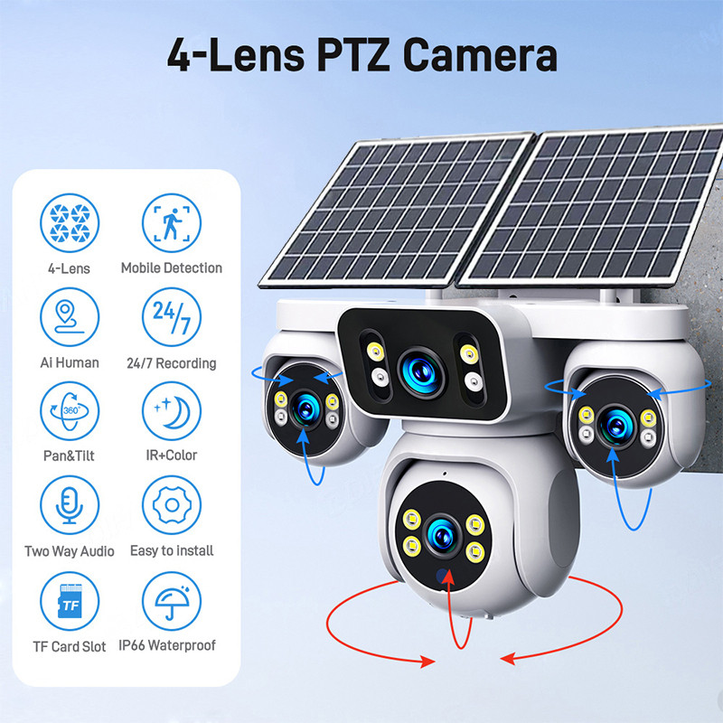 Wistino Outdoor Four Lens Four Screen 16X gital Zoom AOV Solar Camera 247 Motion Detection IP67 Wate