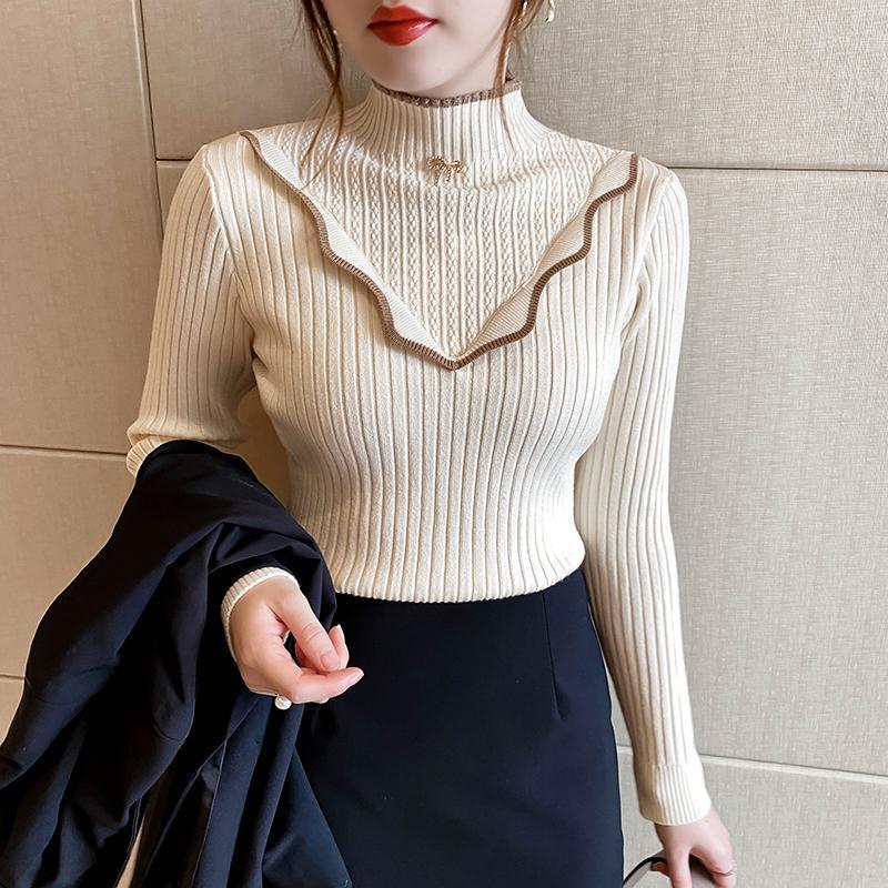 Setengah turtleneck wanita serbaguna slim-fit rajutan sweater lengan panjang