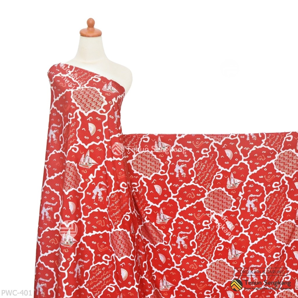 Kain Tenun Batik Lontara Bugis Makassar Merah - Tenun Sengkang PWC-401 (Harga per 0,5 Meter)